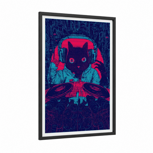 DJ Cat Vibes framed art print — black wood frame — magenta and teal palette