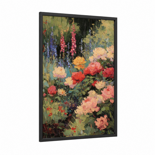 Spring Garden Bloom framed art print — black wood frame — green and pink palette