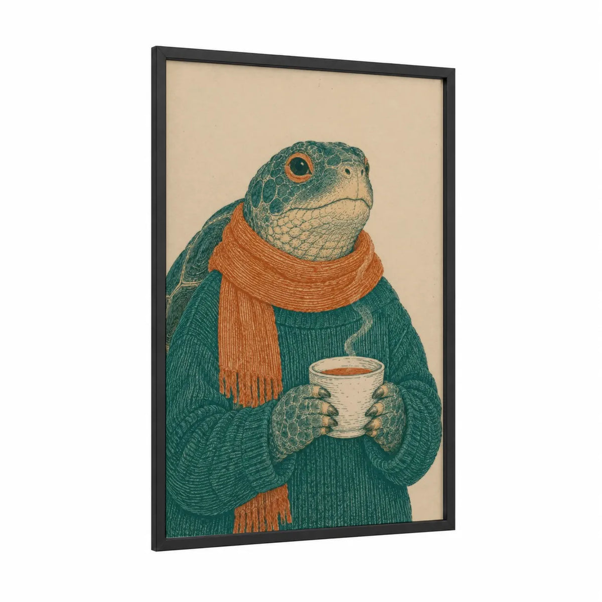 Cozy Frog With Coffee Wall Art framed frogs and toads print — black wood frame — teal and orange palette