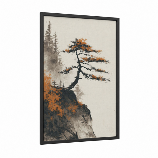 Autumn Cliff Bonsai framed art print — black wood frame — cream and gold palette