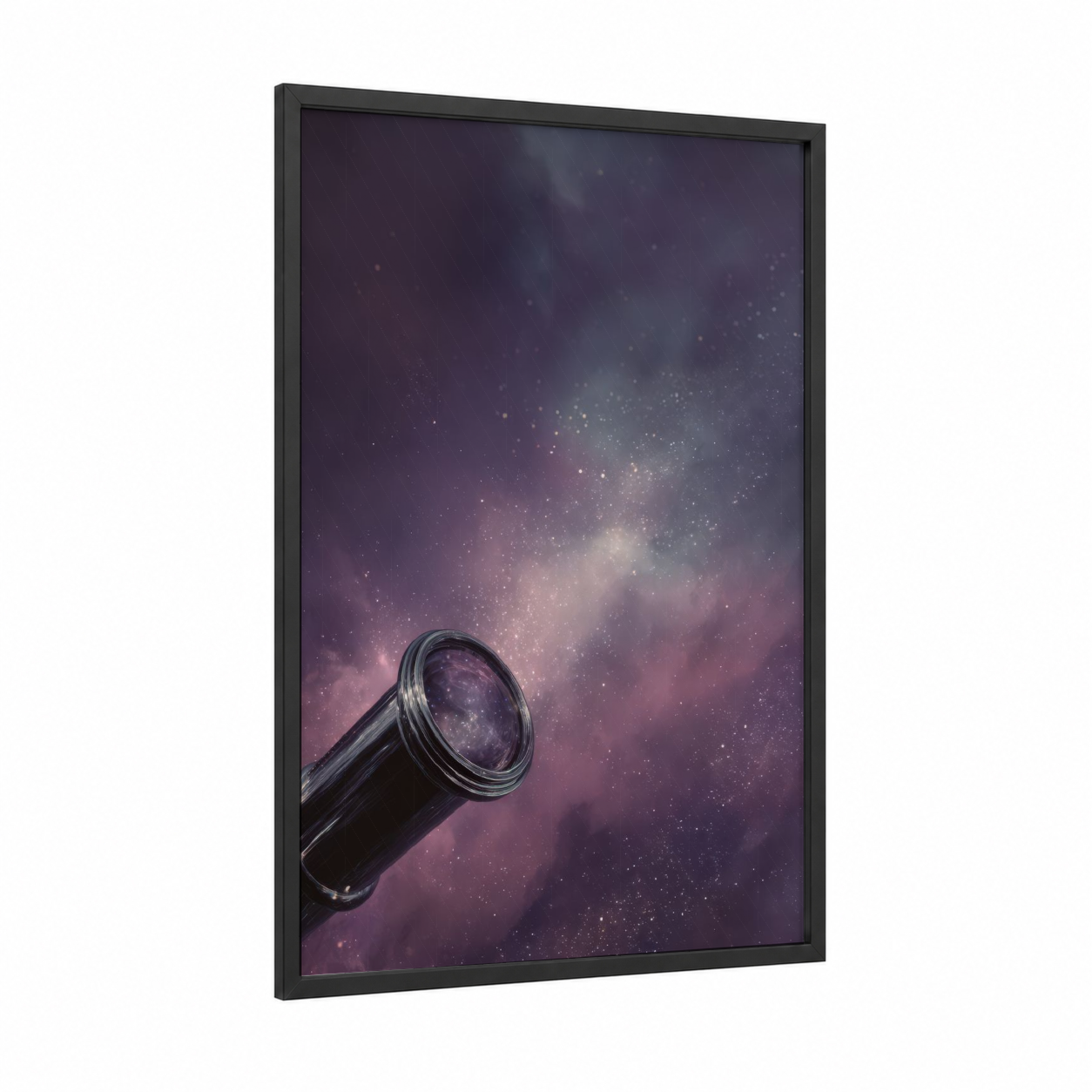 Cosmic Spyglass framed art print — black wood frame — purple and gold palette