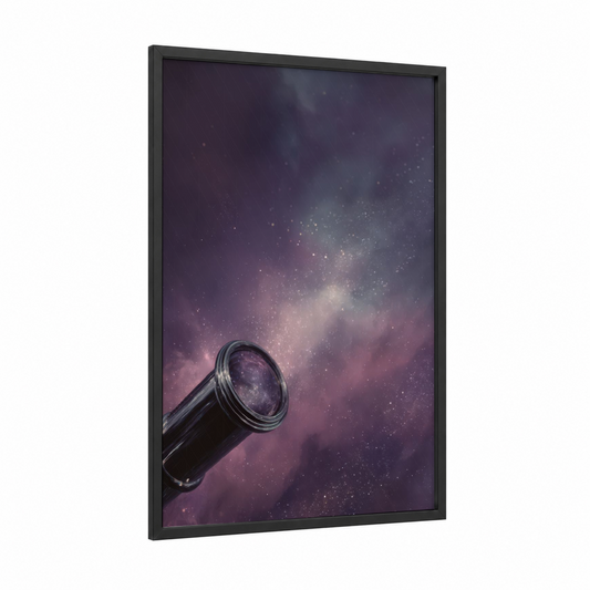 Cosmic Spyglass framed art print — black wood frame — purple and gold palette