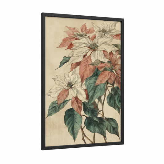 Festive Poinsettias framed art print — black wood frame — cream and sage green palette