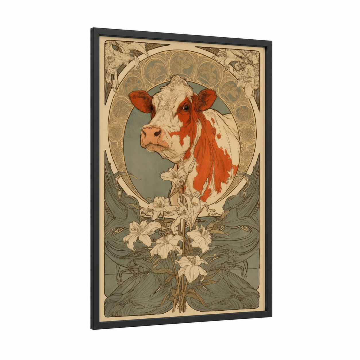 Cream Jersey Cow framed art print — black wood frame — cream and russet palette