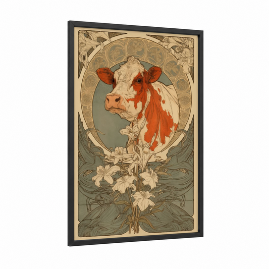Cream Jersey Cow framed art print — black wood frame — cream and russet palette