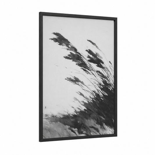 Windswept Grain framed art print — black wood frame — black and white palette
