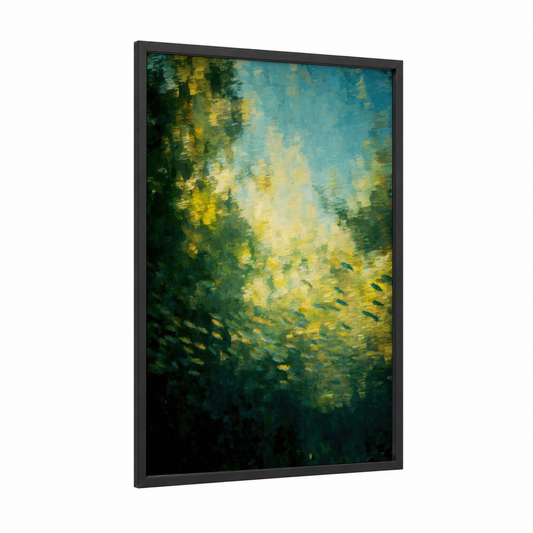 Sunlit Snook framed art print — black wood frame — teal and yellow gold palette