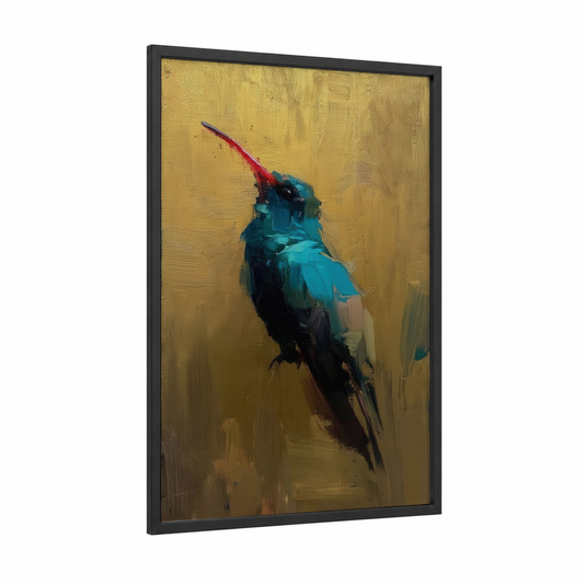 Crimson Hummingbird framed art print — black wood frame — gold and teal palette