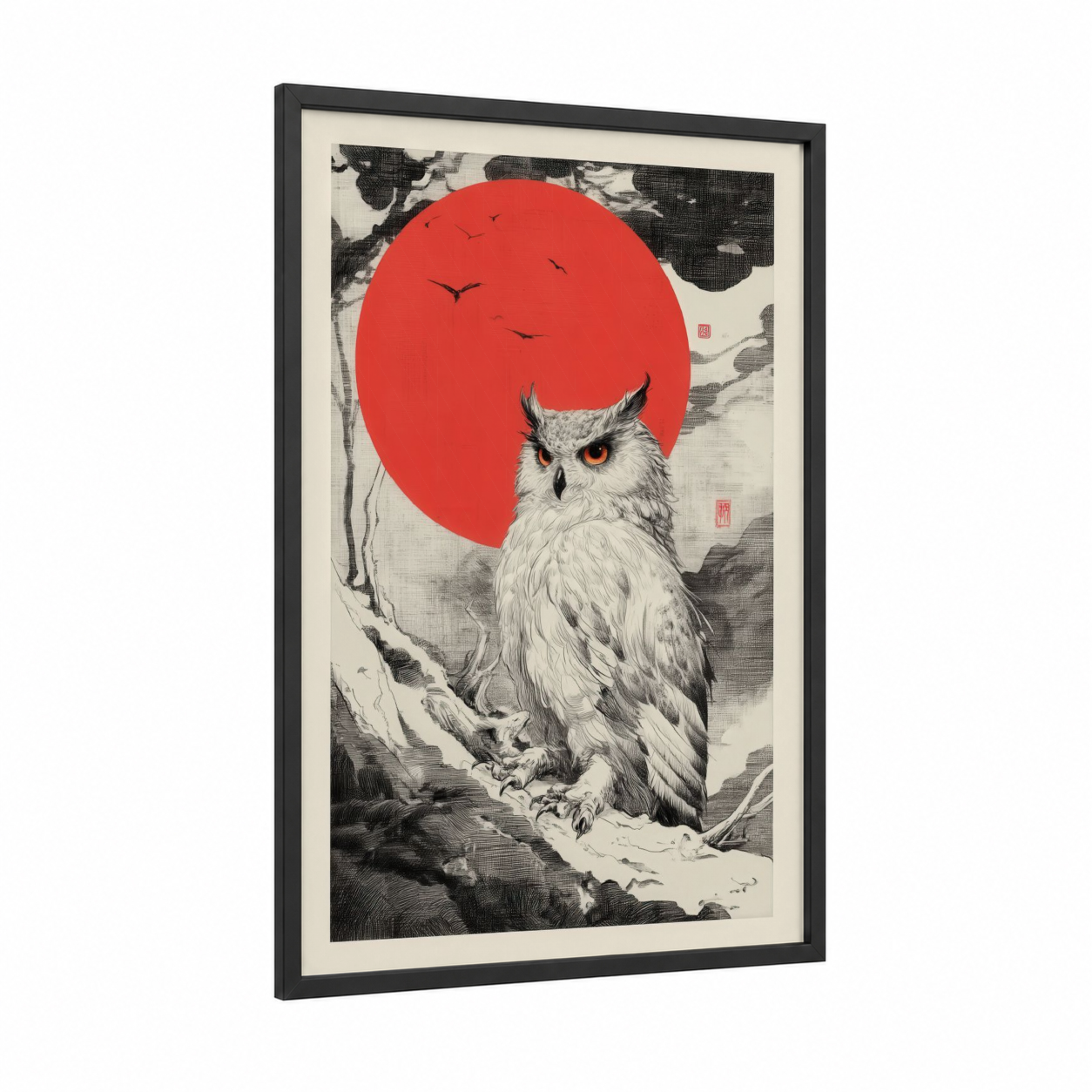 Crimson Moon Owl framed art print — black wood frame — red and black and white palette