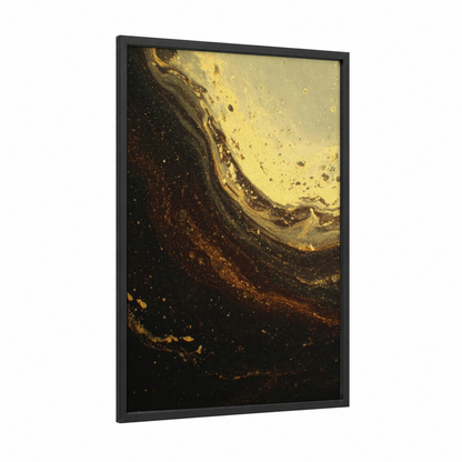 Liquid Gold Swirl framed glassworking print — black wood frame — gold and black palette