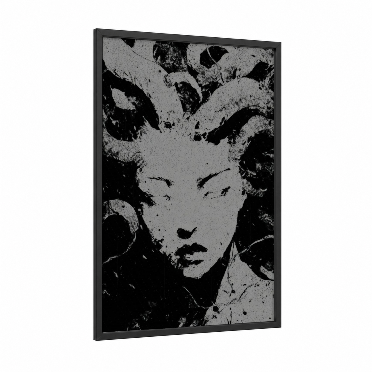 Serpent Gaze Medusa framed art print — black wood frame — black and white and gray palette