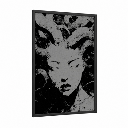 Serpent Gaze Medusa framed art print — black wood frame — black and white and gray palette
