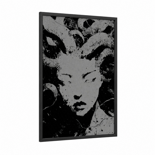 Serpent Gaze Medusa framed art print — black wood frame — black and white and gray palette