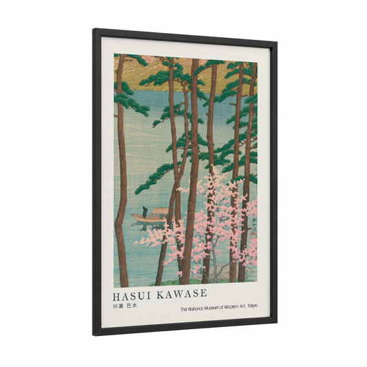Lakeside Cherry Blossoms framed art print — black wood frame — blue and pink palette