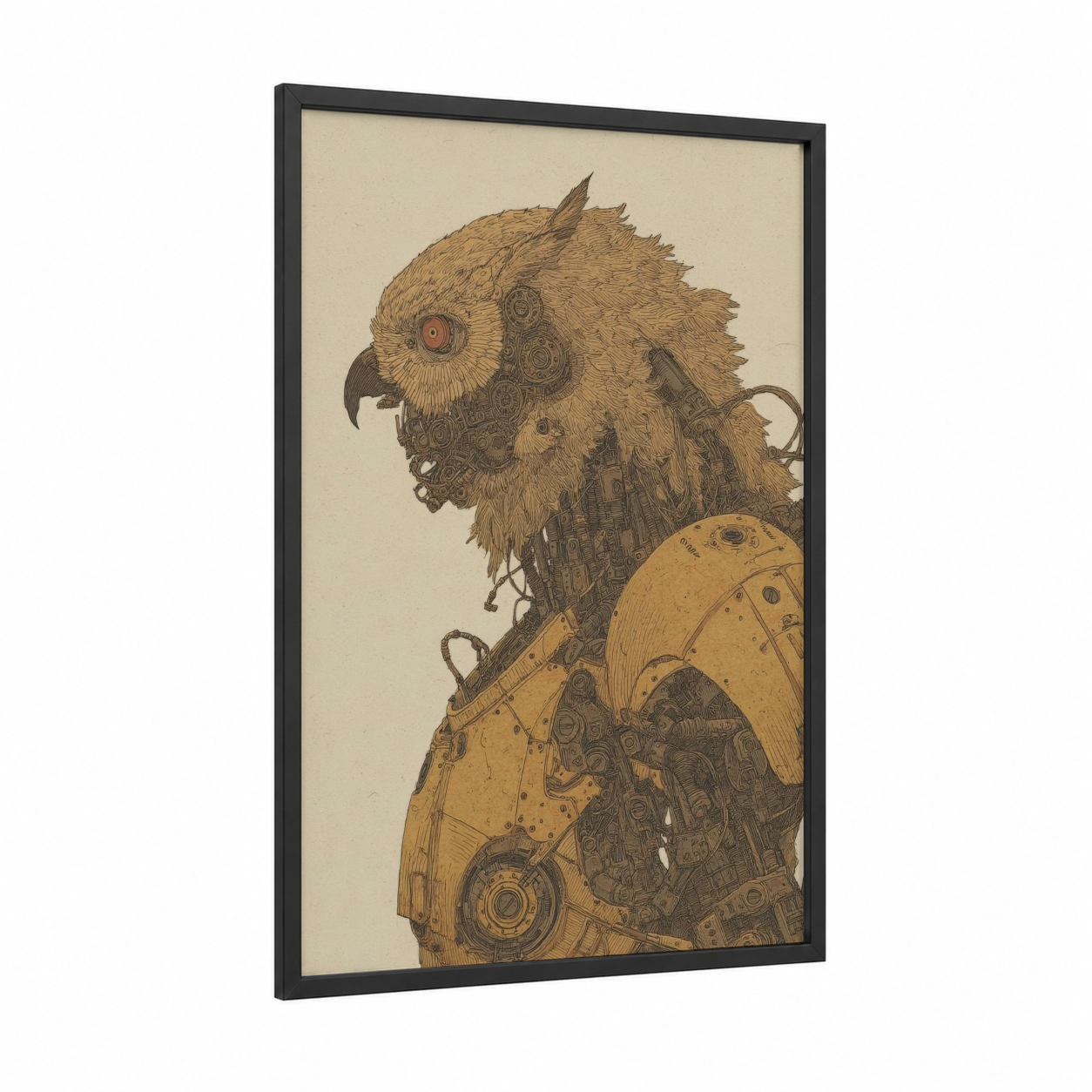 Steampunk Chimera framed art print — black wood frame — gold and brown palette