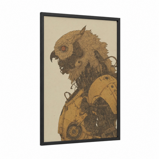 Steampunk Chimera framed art print — black wood frame — gold and brown palette