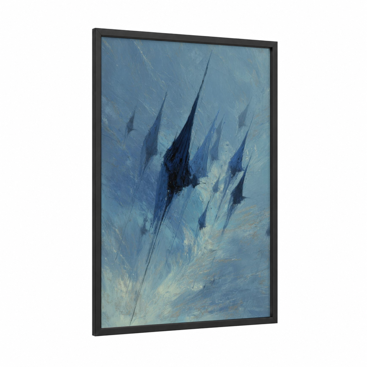 Cosmic Spaceships framed sci-fi print — black wood frame — blue and cream palette
