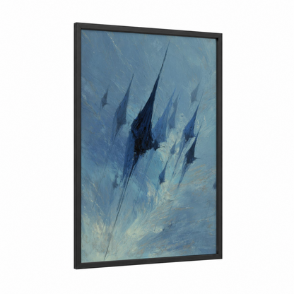 Cosmic Spaceships framed sci-fi print — black wood frame — blue and cream palette