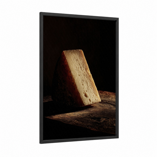 Artisan Cheese Wedge framed art print — black wood frame — gold and black palette