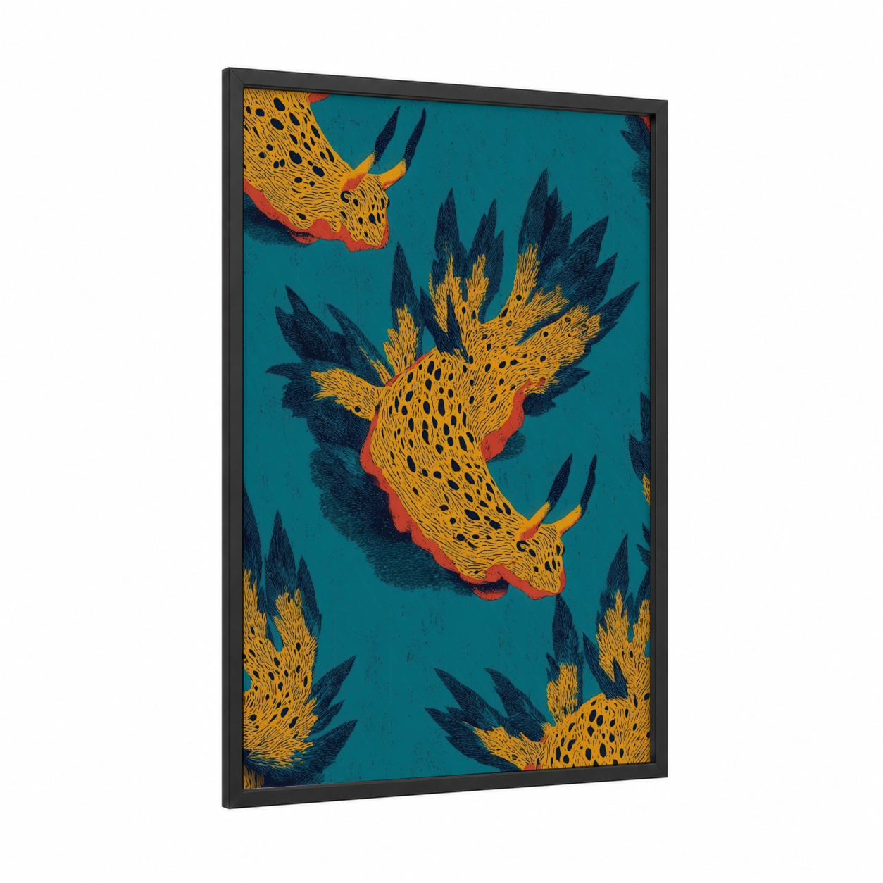 Golden Nudibranch framed art print — black wood frame — gold and teal palette