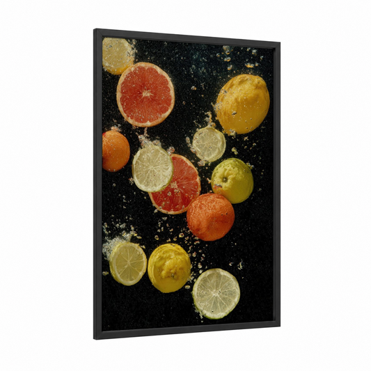 Citrus Splash framed fruit print — black wood frame — yellow gold and black palette