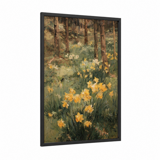Woodland Daffodils framed art print — black wood frame — gold and green palette