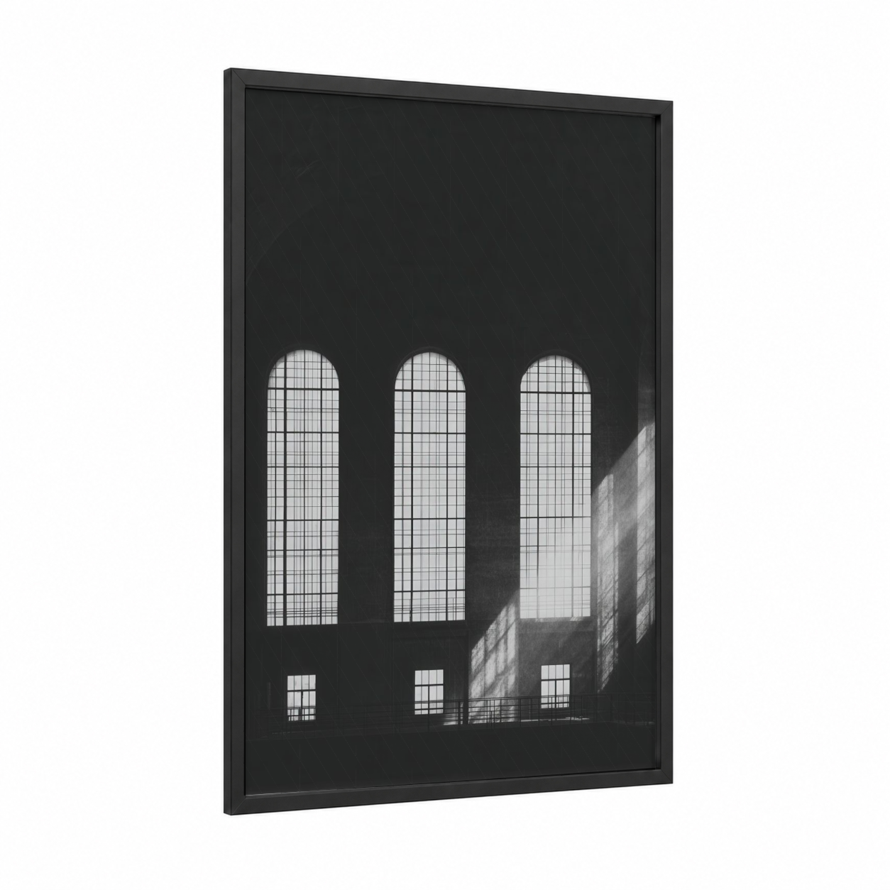 Industrial Symmetry framed power plant print — black wood frame — black and white and gray palette