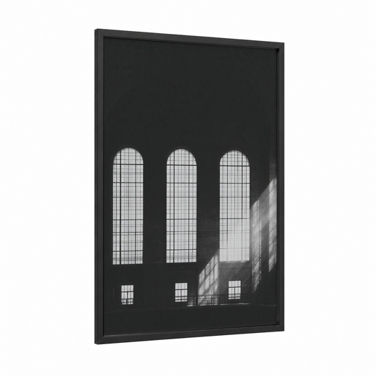 Industrial Symmetry framed power plant print — black wood frame — black and white and gray palette