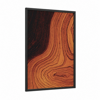 Warm Wood Grain framed acoustic guitar print — black wood frame — orange and maroon palette