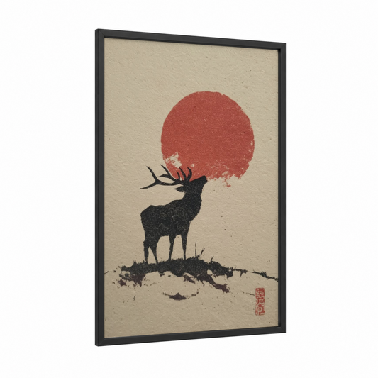 Crimson Moon Elk framed art print — black wood frame — cream and red palette