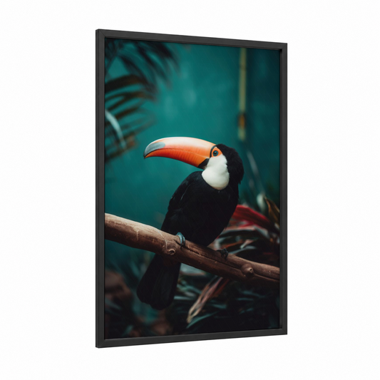 Tropical Toucan framed art print — black wood frame — teal and gold palette