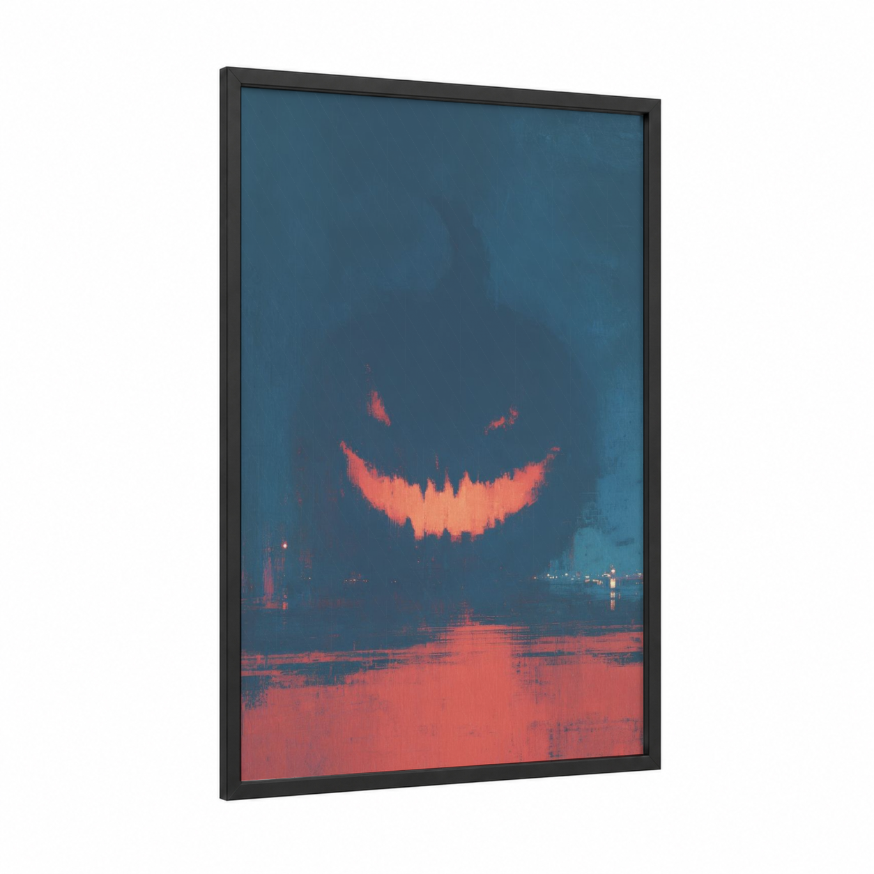 Sinister Smile framed halloween print — black wood frame — dark blue and salmon pink palette