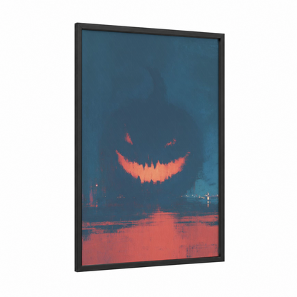 Sinister Smile framed halloween print — black wood frame — dark blue and salmon pink palette
