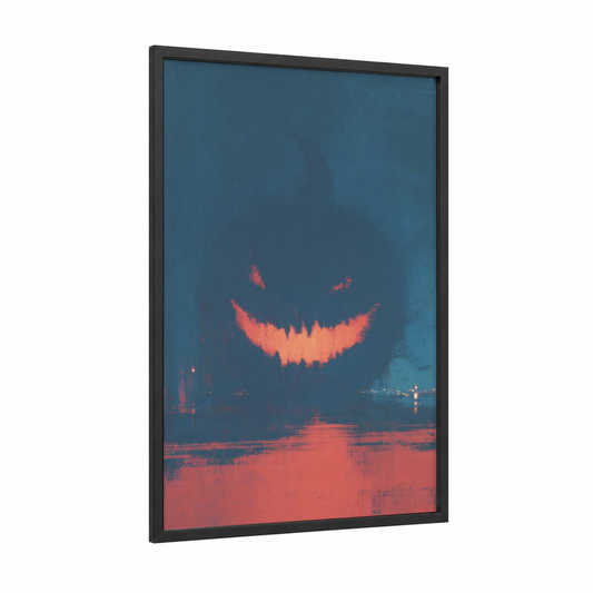 Sinister Smile framed halloween print — black wood frame — dark blue and salmon pink palette