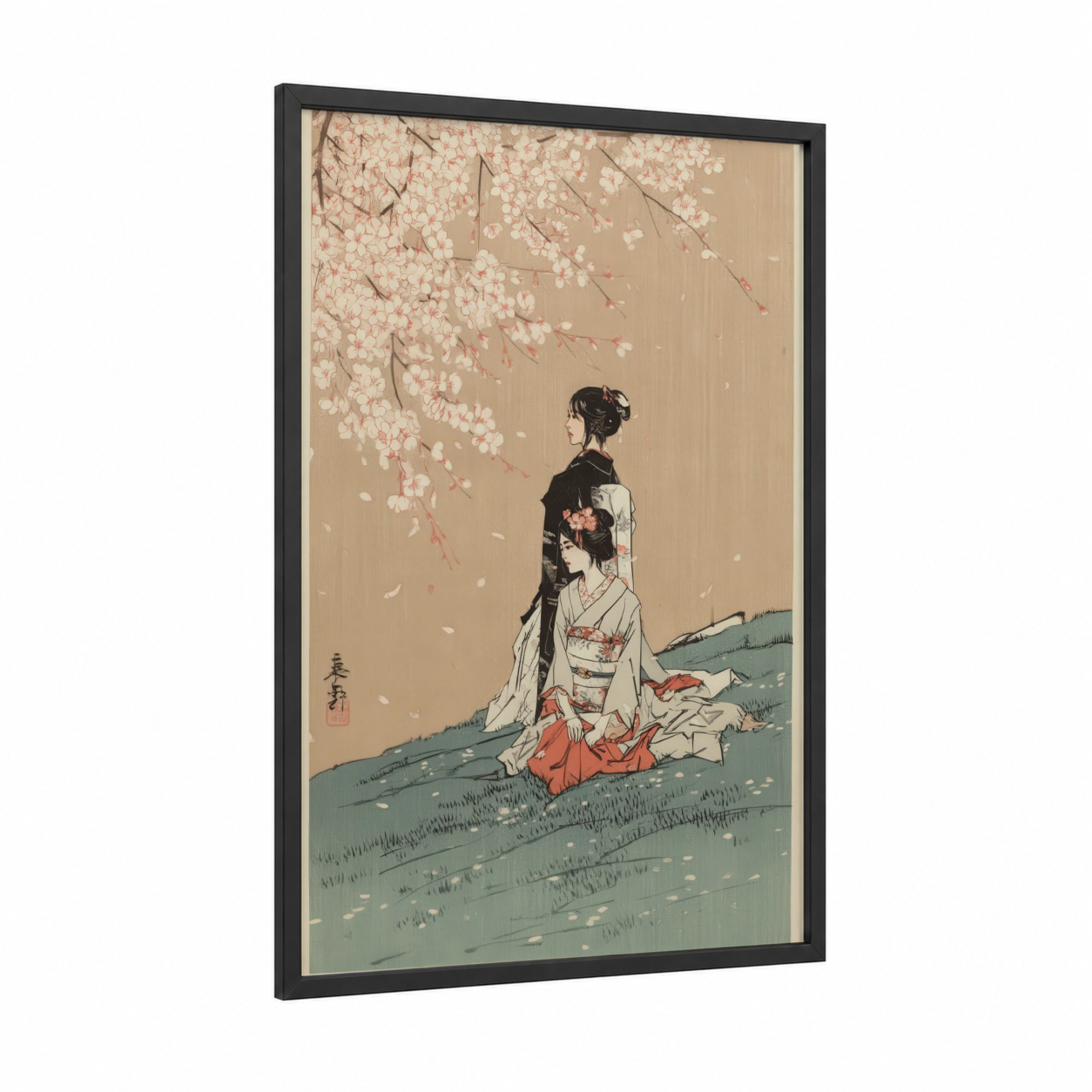 Cherry Blossom Contemplation framed cherry blossoms print — black wood frame — cream and sage green palette