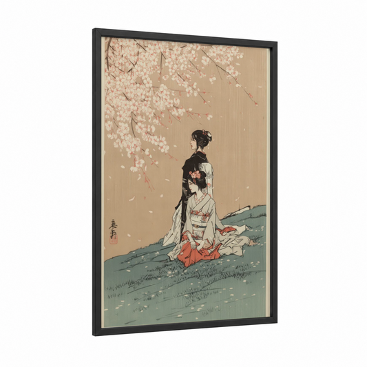 Cherry Blossom Contemplation framed cherry blossoms print — black wood frame — cream and sage green palette