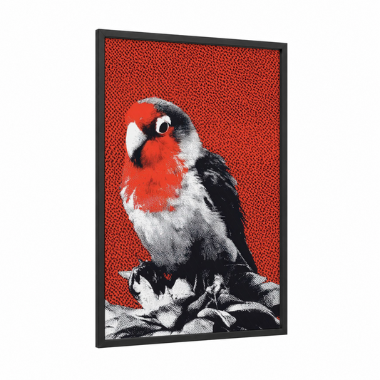 Red Parrot Portrait framed safari parrots print — black wood frame — red and black and white palette