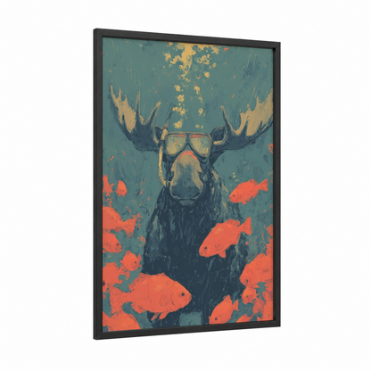 Diving Moose framed art print — black wood frame — teal and orange palette