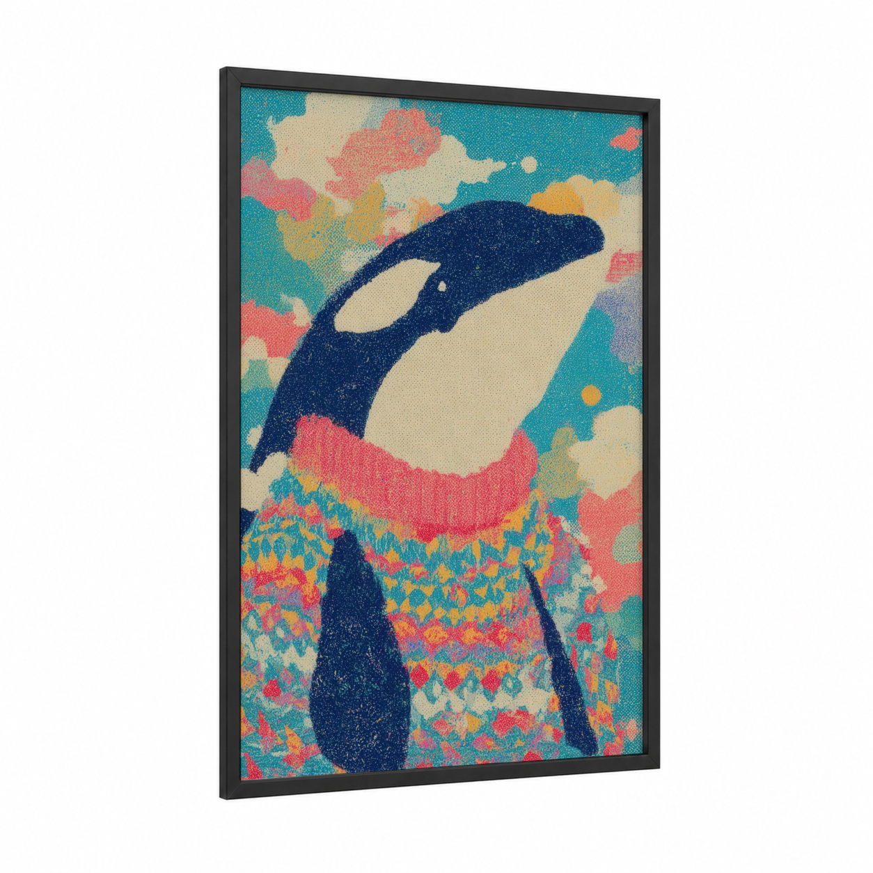 Dreaming Orca framed orca whale print — black wood frame — turquoise and salmon pink palette