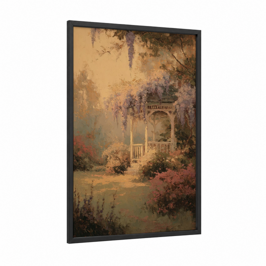 Wisteria Arbor framed art print — black wood frame — champagne gold and lavender palette