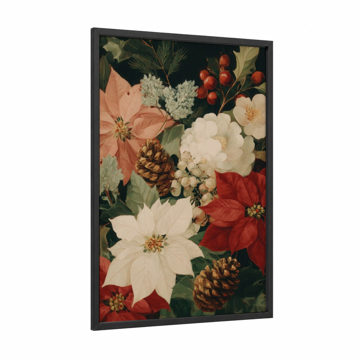Festive Holiday Florals framed christmas print — black wood frame — red and cream palette