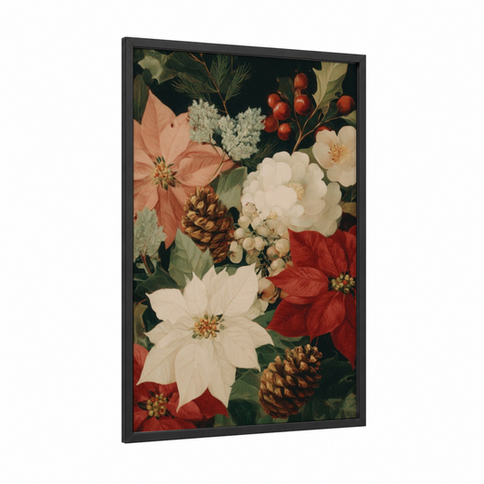 Festive Holiday Florals framed christmas print — black wood frame — red and cream palette