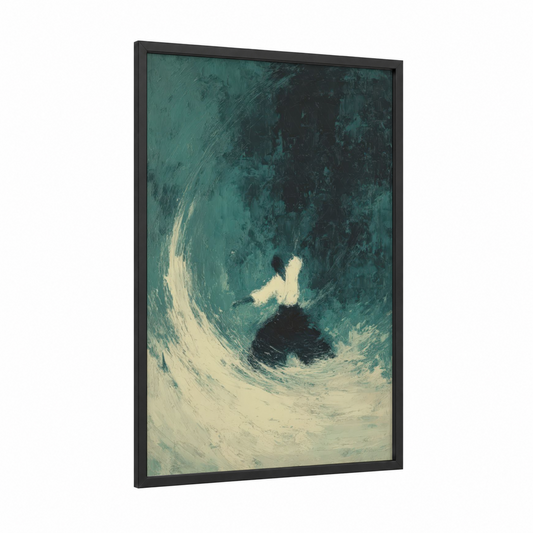 Flowing Aikido framed art print — black wood frame — teal and cream palette