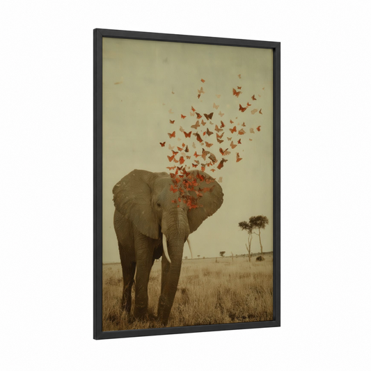 Butterfly Elephant framed savanna elephant print — black wood frame — russet and beige palette