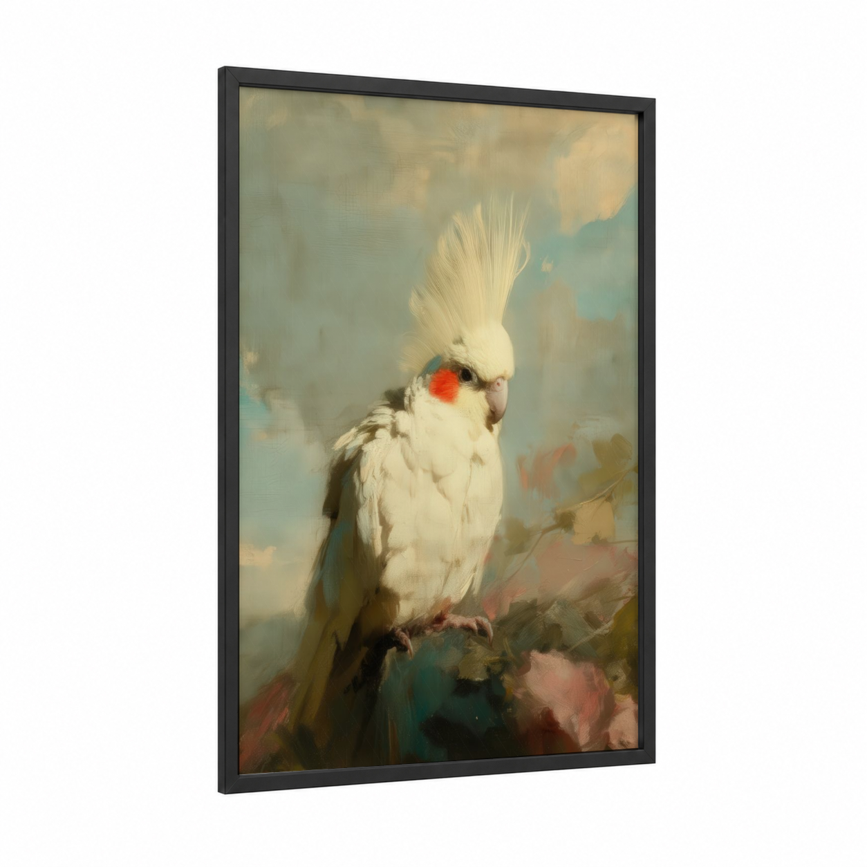 Crested Cockatoo framed safari parrots print — black wood frame — cream and beige palette