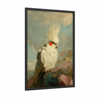 Crested Cockatoo framed safari parrots print — black wood frame — cream and beige palette