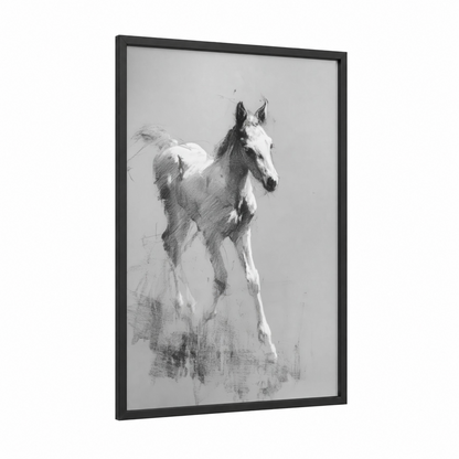 Elegant Thoroughbred framed thoroughbred horse print — black wood frame — black and white and gray palette