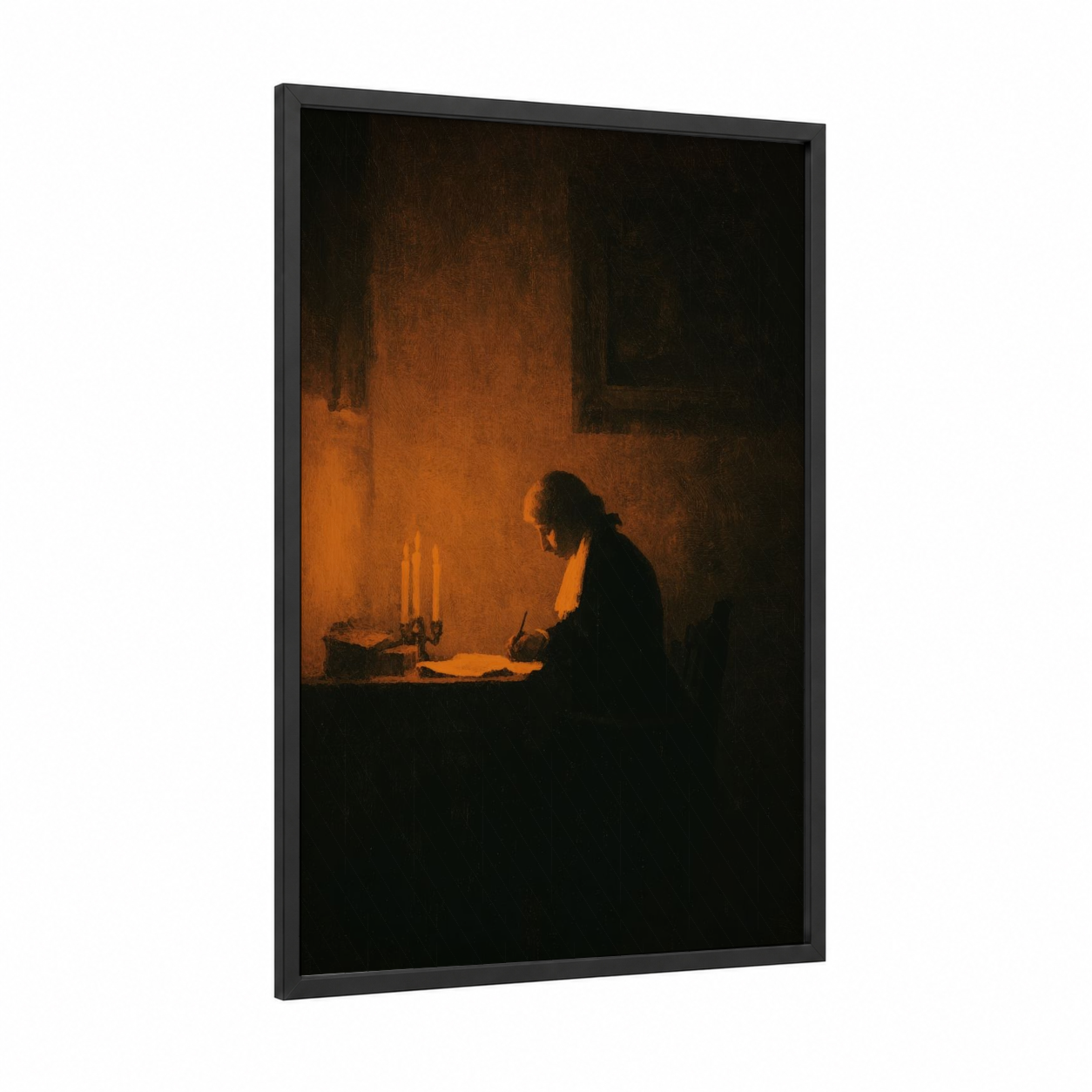 Candlelit Composer framed classical print — black wood frame — gold and black palette