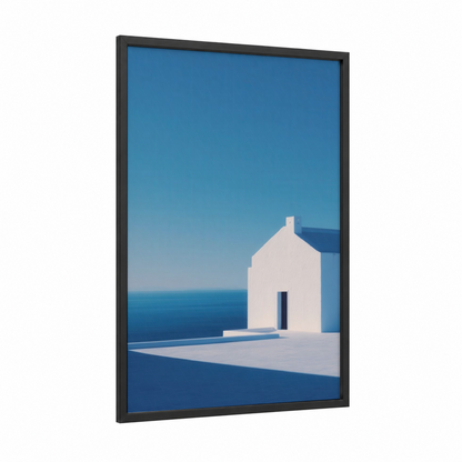 Coastal Chapel framed churches and chapels print — black wood frame — blue and white palette