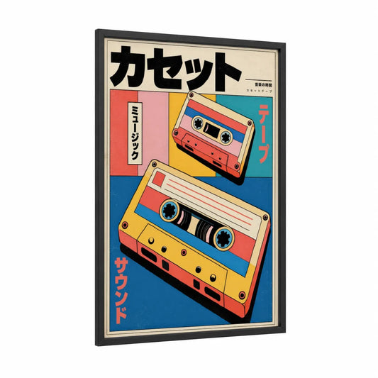 Retro Cassette Tape Japanese Wall Art framed casette print — black wood frame — blue and yellow palette